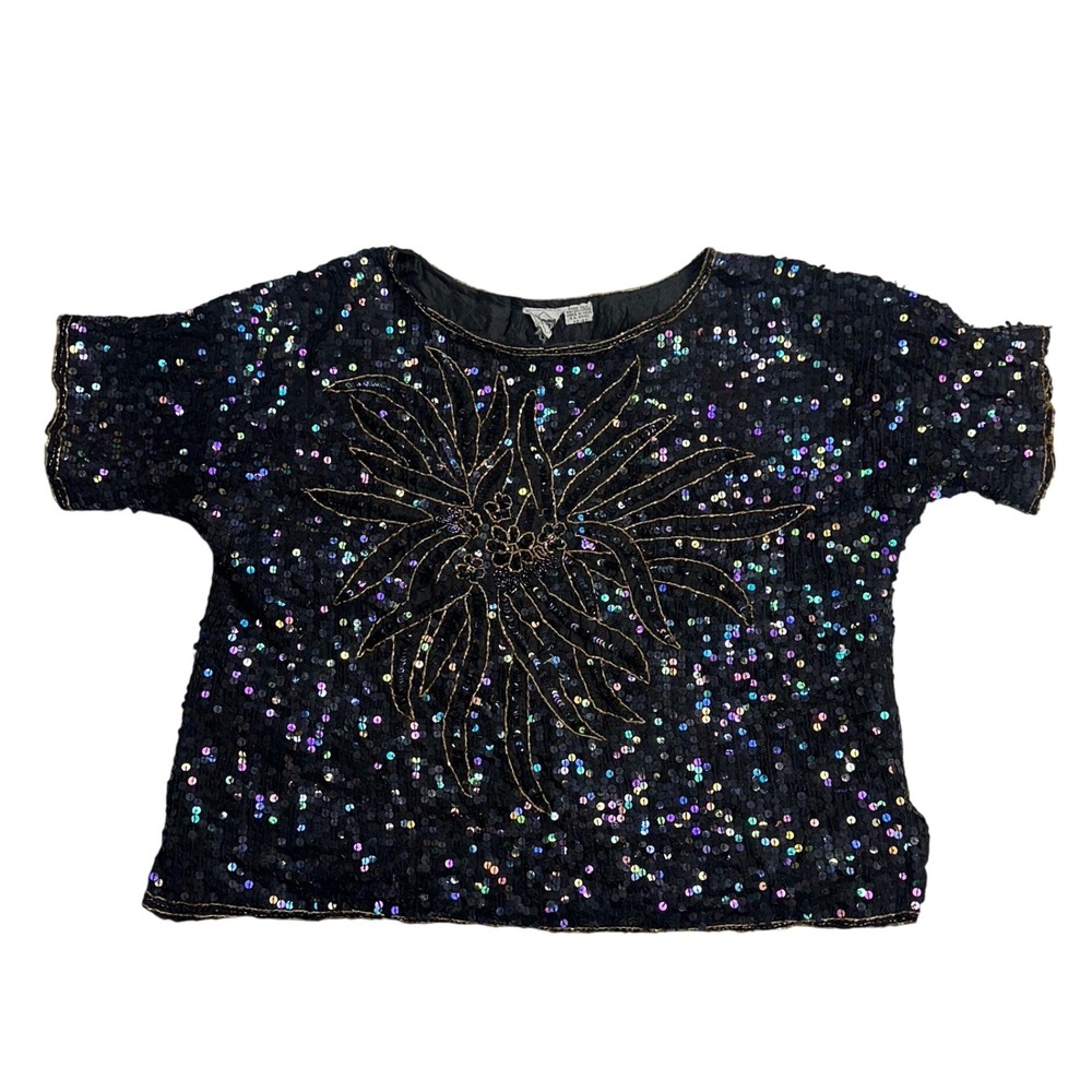 Cotton Castle Vintage Silk Sequin Beaded Top Black Iridescent Floral Sunburst XL